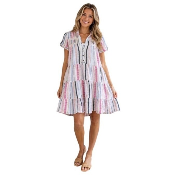Anthropologie Dresses & Skirts - Anthropologie Pink Blue Striped Tiered Babydoll Mini Dress XL Short Sleeve Boho